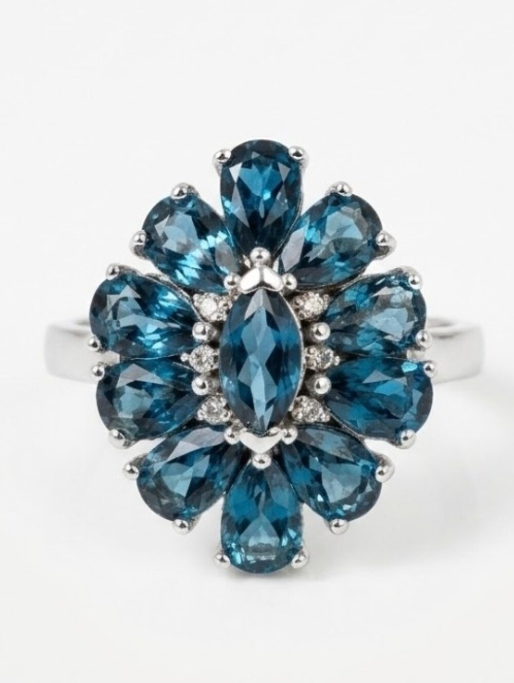 Genuine London Blue Topaz & White Topaz Ring Sterling Silver Sz 7